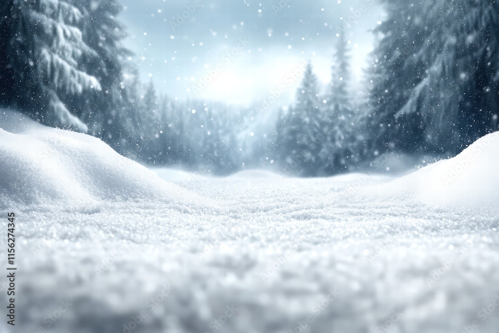 Fototapeta premium Serene Winter Landscape with Gentle Snowfall over a Beautiful White Snow-Covered Ground and Tall Evergreen Trees in a Frosty Environment