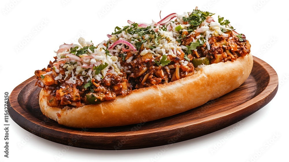 Close up of hot dog on wooden plate isolated on white background.
