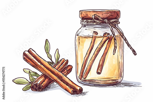 Hand-drawn illustration of cinnamon sticks in a jar with green leaves, showcasing natural spice essence and culinary charm photo