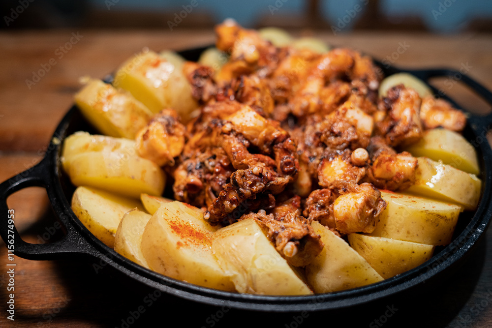 Galician-style Octopus served in black iron pan Galician-style Octopus served in black iron pan