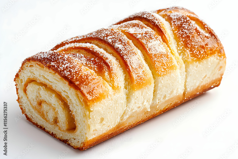 Freshly Baked Sweet Roll with Soft Cream Filling and Sugar Dusting on White Background Freshly Baked Sweet Roll with Soft Cream Filling and Sugar Dusting on White Background