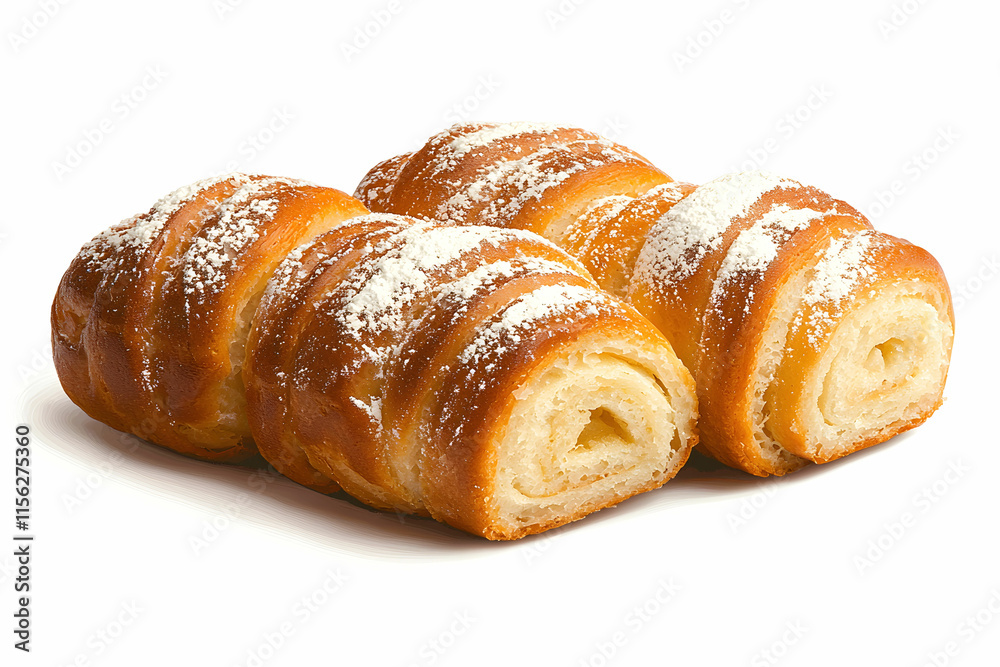 Freshly Baked Pastry with Sweet Filling and Dusting of Powdered Sugar on a White Background Freshly Baked Pastry with Sweet Filling and Dusting of Powdered Sugar on a White Background