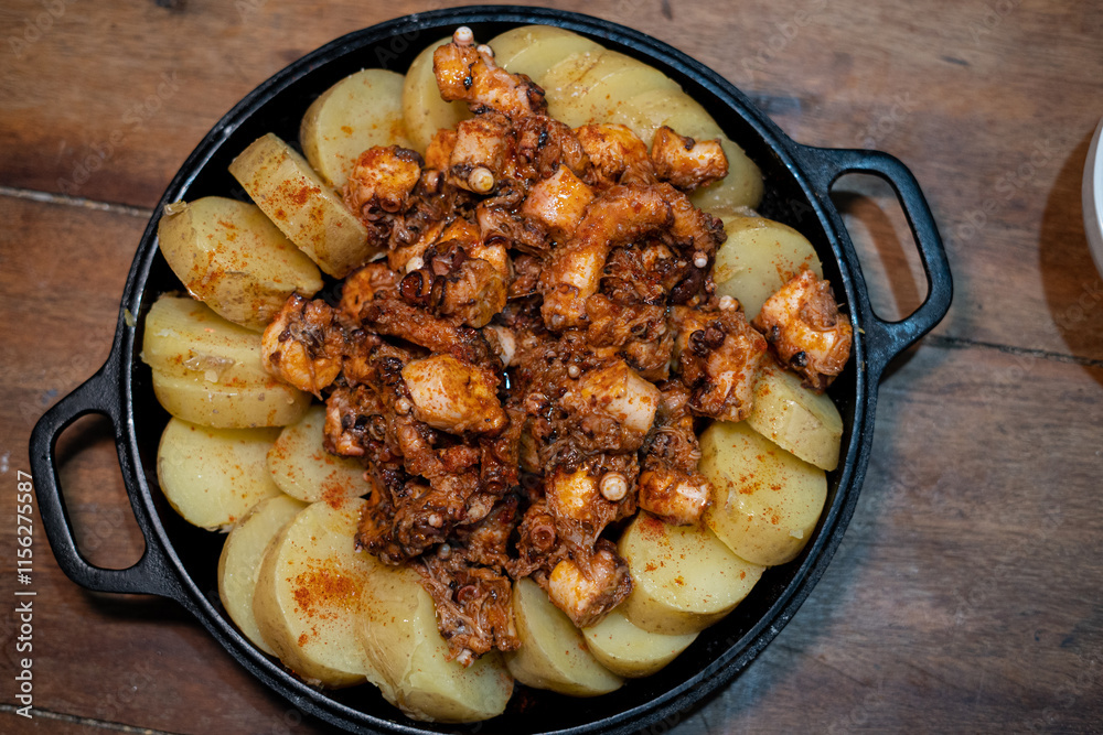 Galician-style Octopus served in black iron pan, top-down view Galician-style Octopus served in black iron pan, top-down view