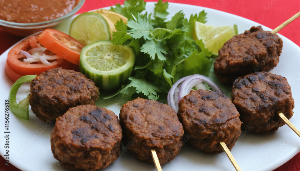 Smoky Barbecued Seekh Kebabs on Skewers Garnished with Lime Wedges, Onions, and Served for a Tasty Dinner or Lunch Smoky Barbecued Seekh Kebabs on Skewers Garnished with Lime Wedges, Onions, and Served for a Tasty Dinner or Lunch