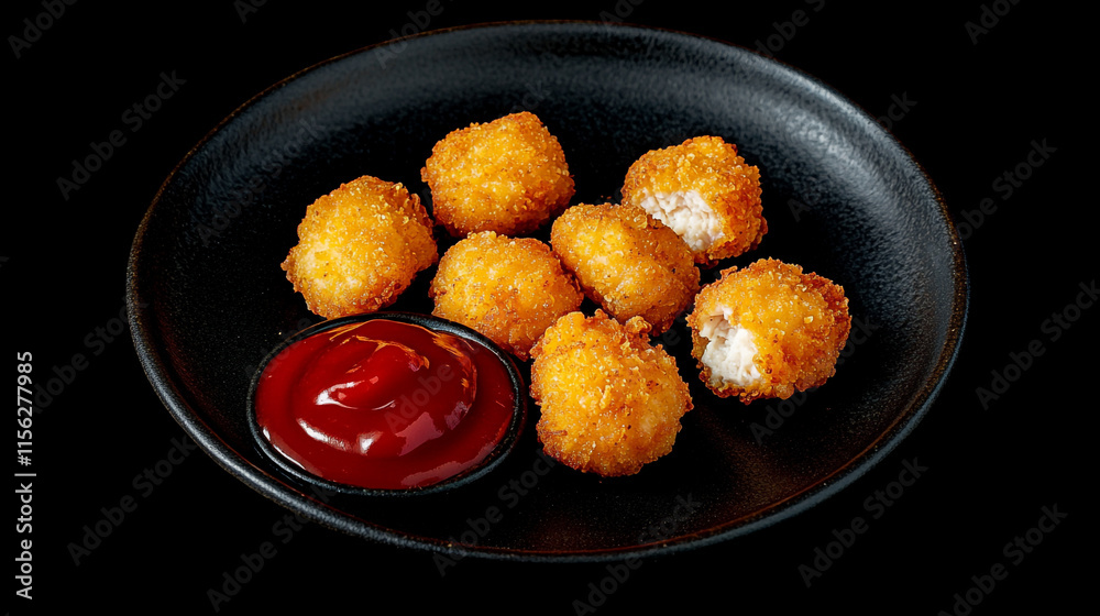 Delicious golden fried chicken bites served with ketchup for dipping. Delicious golden fried chicken bites served with ketchup for dipping.