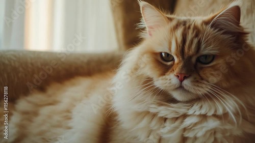 Wallpaper Mural A serene fluffy cat resting on a cozy armchair, bathed in soft natural light. The tranquil setting emphasizes the cat's luxurious fur and calm demeanor, perfect for depicting comfort and elegance Torontodigital.ca
