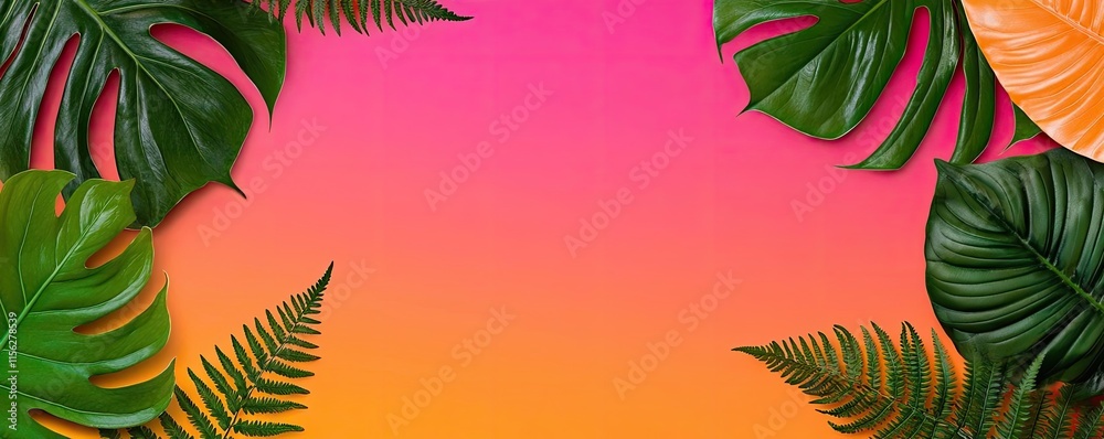 Tropical frame concept. Vibrant tropical leaves frame a stunning gradient background of pink and orange hues. Tropical frame concept. Vibrant tropical leaves frame a stunning gradient background of pink and orange hues.