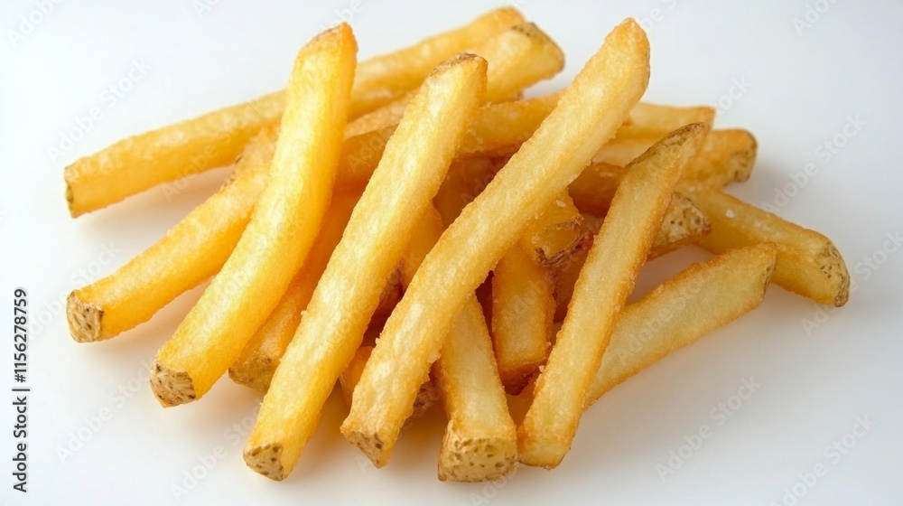 Crispy golden french fries served on a white background. Crispy golden french fries served on a white background.