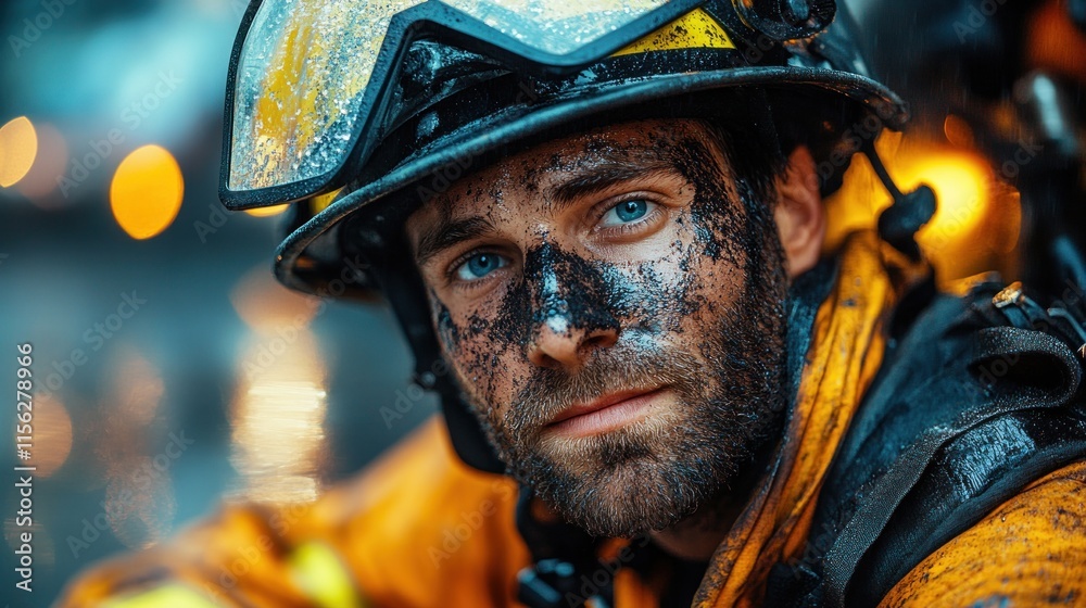 A firefighter with a determined expression, covered in soot, reflects resilience and bravery.