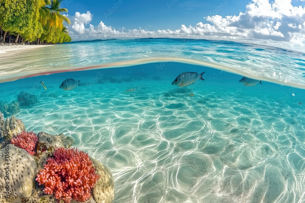 Fototapeta premium Underwater scene with colorful fish and coral in clear water Generative Ai