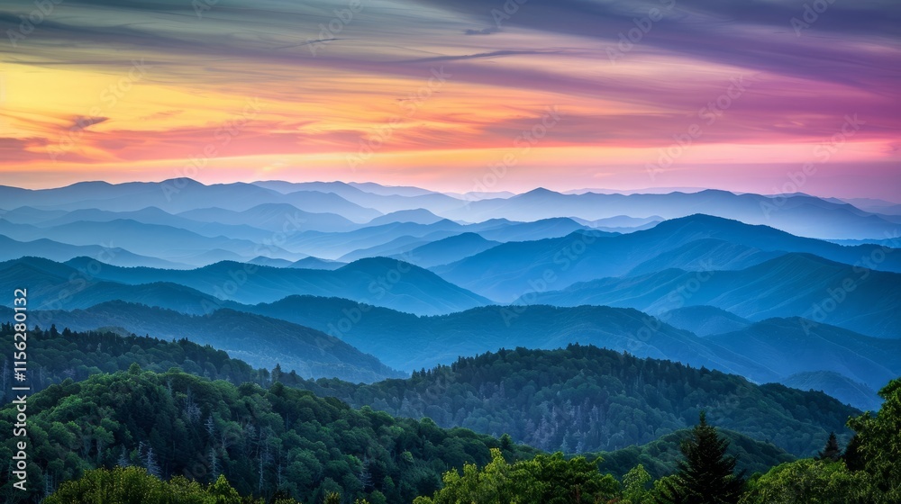 Blue Ridge Parkway Scenic Landscape Appalachian Mountains Ridges Sunset Layers over Great Smoky Mountains National Park Blue Ridge Parkway Scenic Landscape Appalachian Mountains Ridges Sunset Layers over Great Smoky Mountains National Park