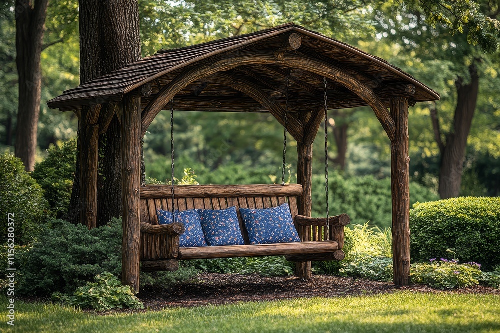 Wooden garden swing with open roof on the lawn, surrounded by trees and bushes on a sunny summer day. High-quality photo with natural lighting. Wooden garden swing with open roof on the lawn, surrounded by trees and bushes on a sunny summer day. High-quality photo with natural lighting.