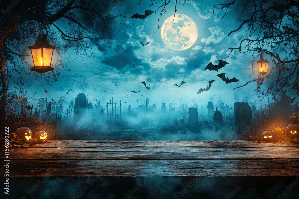 Obraz premium Wooden table with empty space for product display, set against a Halloween night cemetery scene with moonlight, fog, bats, glowing lanterns, and tombstones under an eerie sky.