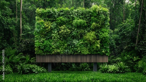 A Charming Wooden Bench Nestled Against a Lush Green Wall Surrounded by Dense Forest Vegetation Creating a Peaceful and Inviting Atmosphere for Relaxation