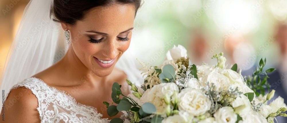 Naklejka premium A joyful bride admires her beautiful floral bouquet, radiating happiness and love in a serene wedding setting.