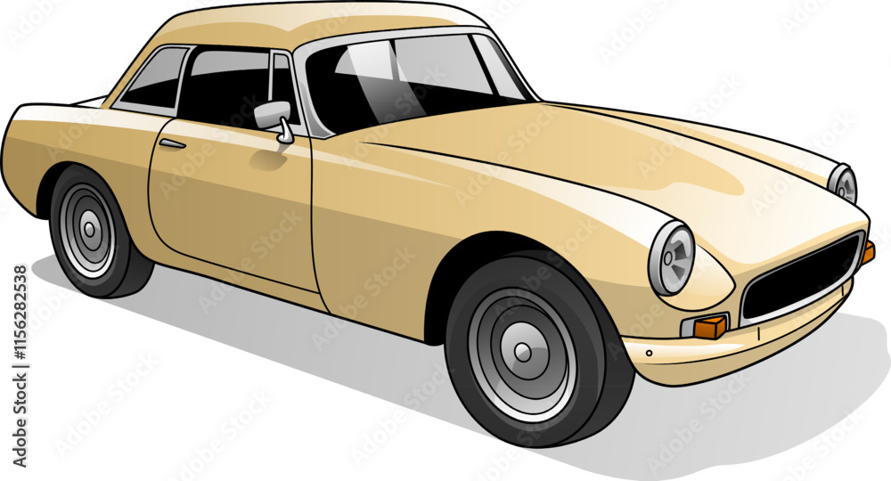This vector illustration depicts a classic beige coupe car with a sleek design, featuring round headlights and a streamlined body, highlighting its vintage aesthetic.