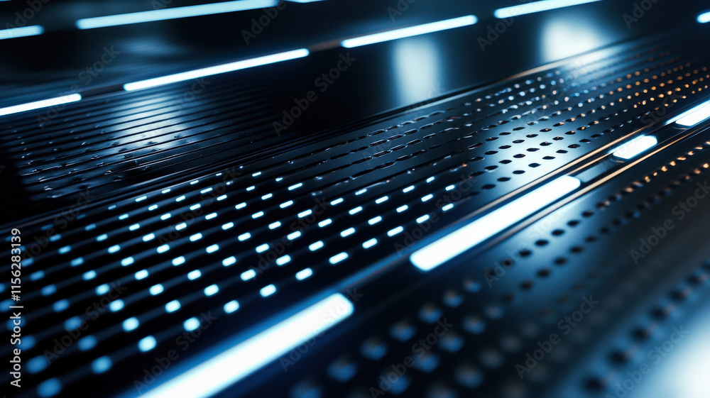 A futuristic metallic surface with glowing neon grid lines, creating a sci-fi atmosphere, ideal for gaming or tech branding.