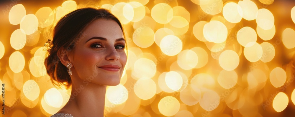 Fototapeta premium A serene woman smiles gracefully against a warm, glowing background of lights, creating a magical and dreamy ambiance.