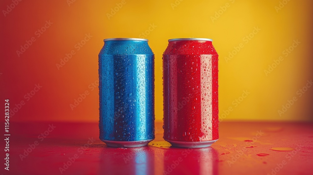 Two cold cans, red and blue, with condensation. Perfect for refreshment, summer, or beverage ads. Two cold cans, red and blue, with condensation. Perfect for refreshment, summer, or beverage ads.