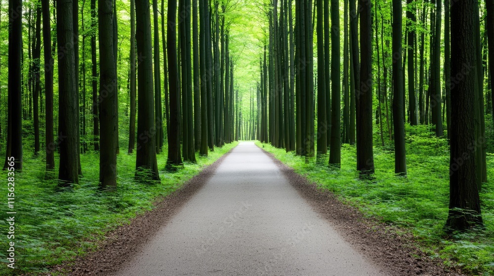 Fototapeta premium Green tree idea. Serene forest path surrounded by lush green trees and vibrant foliage.