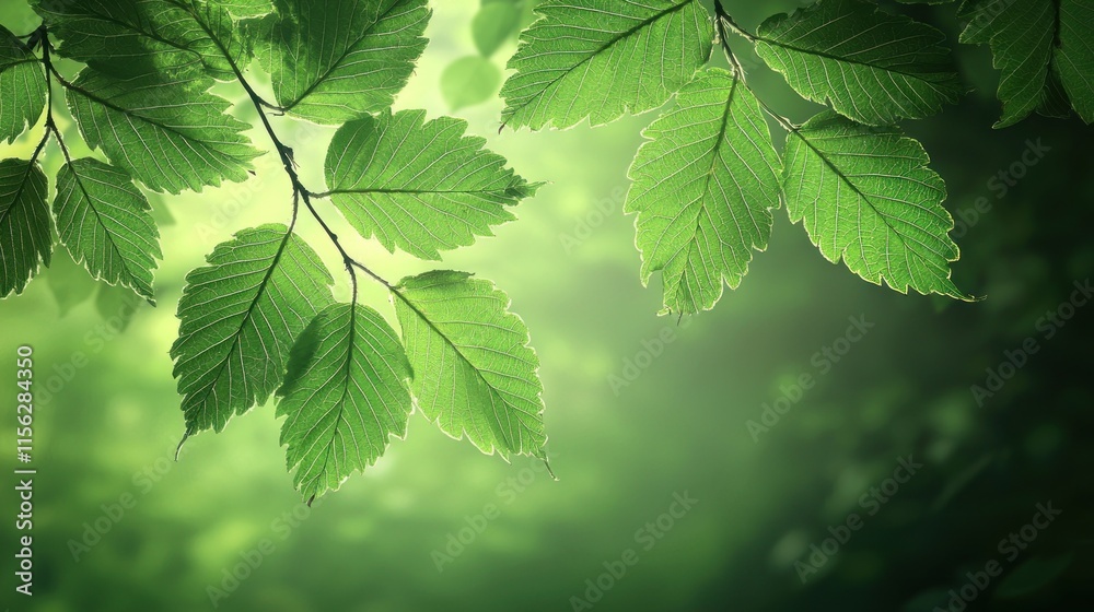 Sunlit green leaves on branches, bokeh background. Sunlit green leaves on branches, bokeh background.