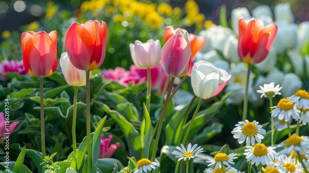 Colorful spring garden with tulips and daisies. Colorful spring garden with tulips and daisies.