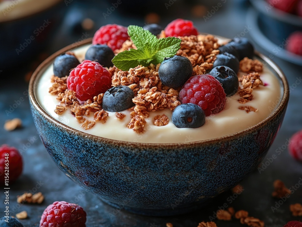 Yogurt parfait with granola, raspberries, and blueberries in a blue bowl. Perfect for healthy breakfast, blog, or recipe website. Yogurt parfait with granola, raspberries, and blueberries in a blue bowl. Perfect for healthy breakfast, blog, or recipe website.
