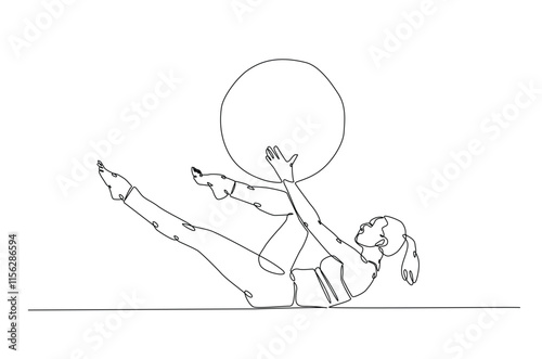 Woman working out using fitness ball continuous one line drawing. Young lady exercises using gym ball in single line art illustration. Editable vector.