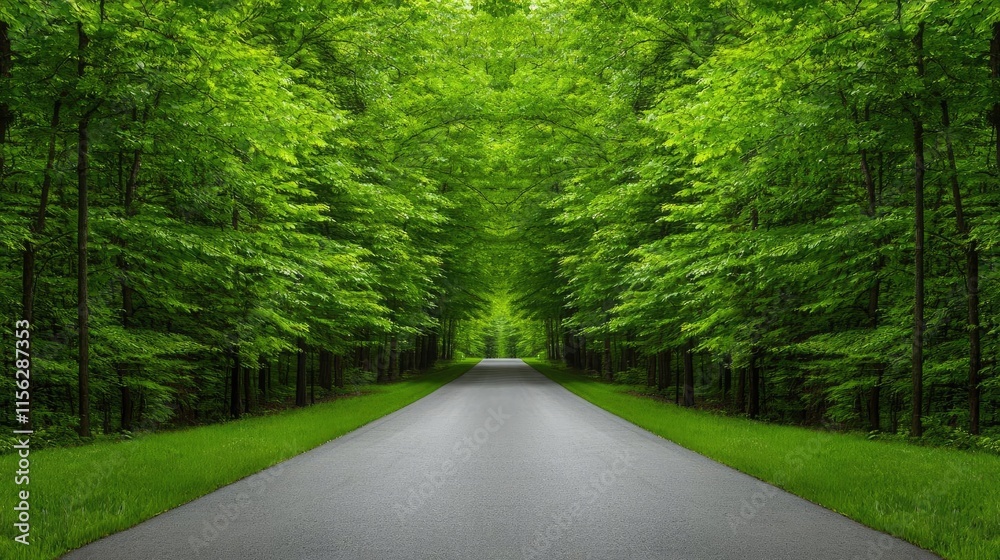 Fototapeta premium Green tree idea. A serene road surrounded by lush green trees under sunny skies.