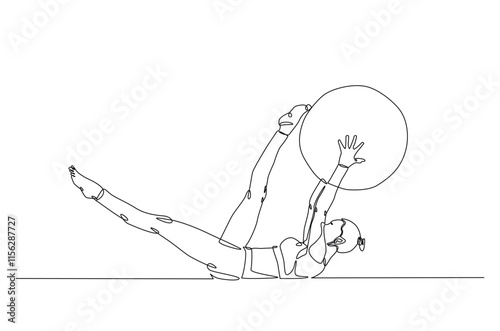 Woman working out using fitness ball continuous one line drawing. Young lady exercises using gym ball in single line art illustration. Editable vector.