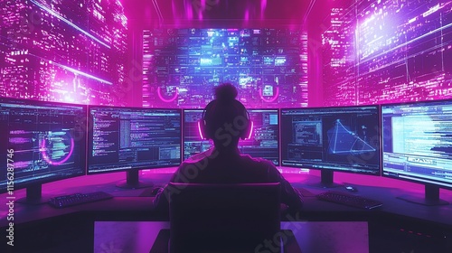 Wallpaper Mural Hacker woman working on multiple monitors in a dark room with neon lights. Torontodigital.ca