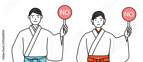 Priest and shrine maiden of the shrine, holding a placard with an X indicating incorrect answer.