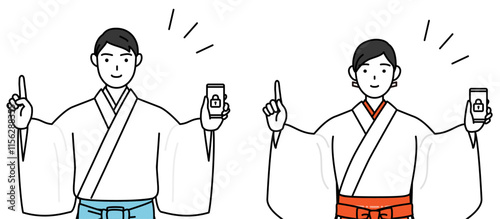 Priest and shrine maiden of the shrine, taking security measures for his phone.
