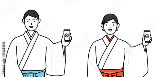 Priest and shrine maiden of the shrine, using a smartphone at work.