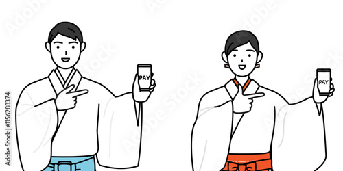 Priest and shrine maiden of the shrine, recommending cashless online payments on a smartphone.