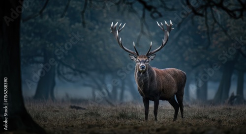 Majestic Red Deer Stag in a Misty Forest photo