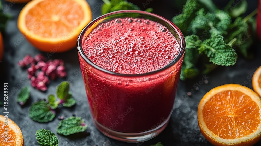 Vibrant Red Smoothie in Glass Surrounded by Fresh Oranges and Fragrant Mint Creating a Refreshing and Healthy Beverage Scene for Enjoyment Vibrant Red Smoothie in Glass Surrounded by Fresh Oranges and Fragrant Mint Creating a Refreshing and Healthy Beverage Scene for Enjoyment