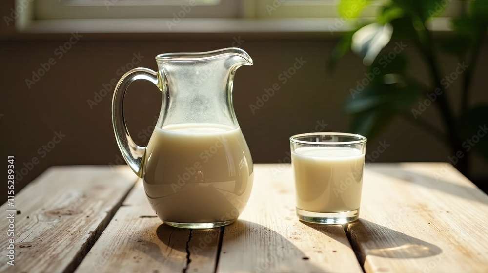 A glass pitcher and a glass of creamy milk sit on a rustic wooden table, bathed in warm sunlight filtering through a nearby window.