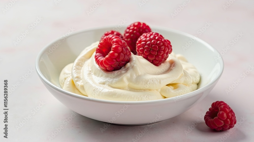 Creamy Whipped Topping with Fresh Raspberries in a White Bowl, a Simple and Delicious Dessert Delight Creamy Whipped Topping with Fresh Raspberries in a White Bowl, a Simple and Delicious Dessert Delight