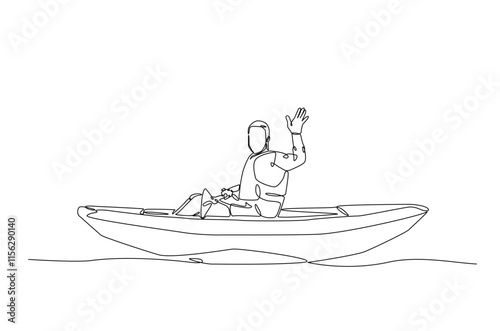 Man rowing canoe continuous one line drawing. Paddle kayak in single line art illustration. Editable vector.