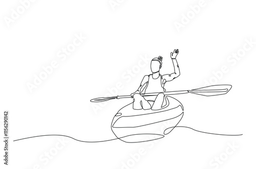 Woman rowing canoe continuous one line drawing. Paddle kayak in single line art illustration. Editable vector.
