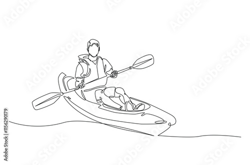 Man rowing canoe continuous one line drawing. Paddle kayak in single line art illustration. Editable vector.