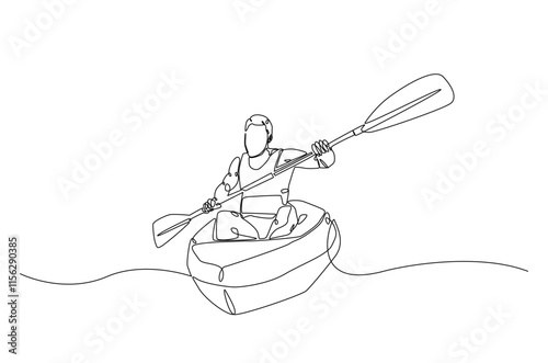 Man rowing canoe continuous one line drawing. Paddle kayak in single line art illustration. Editable vector.