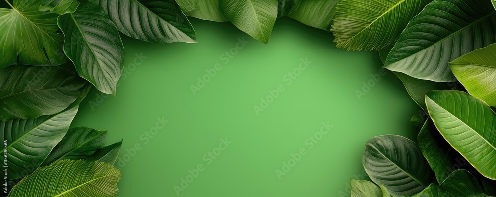 Fototapeta premium Tropical frame concept. Vibrant green leaves frame a smooth green background, ideal for natural-themed designs.
