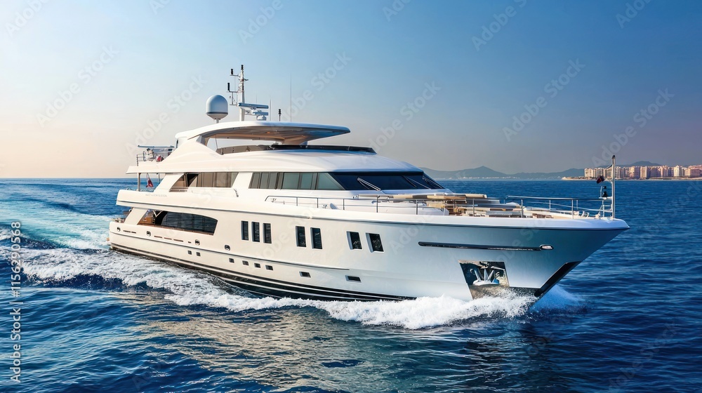 Luxury yacht cruising on calm ocean waters. Luxury yacht cruising on calm ocean waters.
