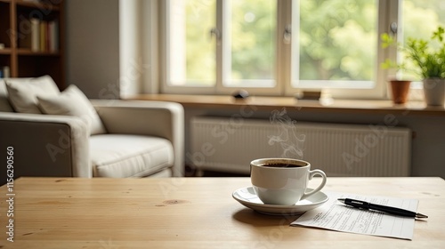 Wallpaper Mural A steaming cup of coffee rests on a wooden table next to a document and pen, a quiet moment of contemplation in a softly lit room with a comfortable chair and bookshelf in the background. Torontodigital.ca