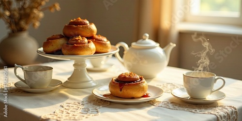 Wallpaper Mural Warm, golden pastries on a cake stand, accompanied by steaming teacups and a teapot, creating a cozy and inviting atmosphere on a lace tablecloth in soft sunlight. Torontodigital.ca