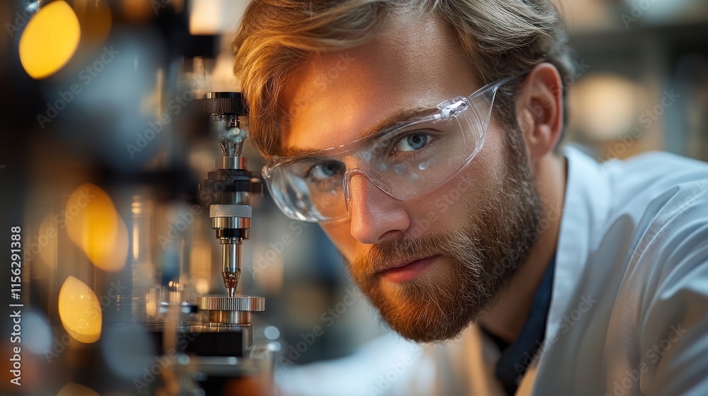 A focused scientist in a lab, wearing protective eyewear, examines equipment. A focused scientist in a lab, wearing protective eyewear, examines equipment.
