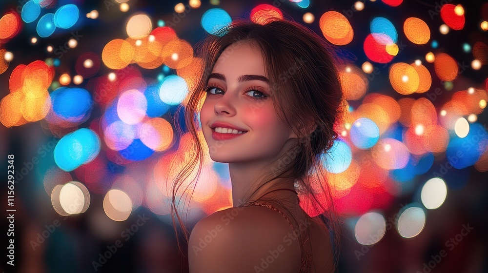 A smiling woman in a softly lit environment with colorful bokeh lights in the background. A smiling woman in a softly lit environment with colorful bokeh lights in the background.