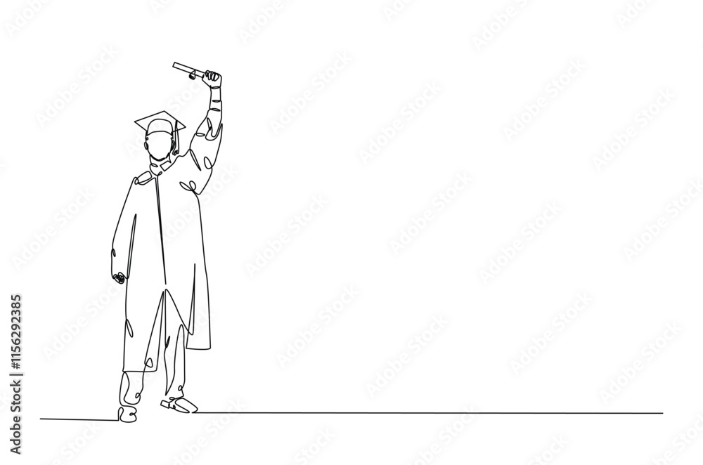 Graduate students wearing cap and gown continuous one line drawing. Graduation concept in single line art illustration. Editable vector. Graduate students wearing cap and gown continuous one line drawing. Graduation concept in single line art illustration. Editable vector.